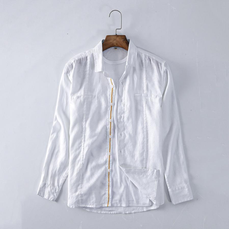 プレミアム春秋カジュアルリネンメンズ日本爽やかリネンシャツラペル長袖トップス  