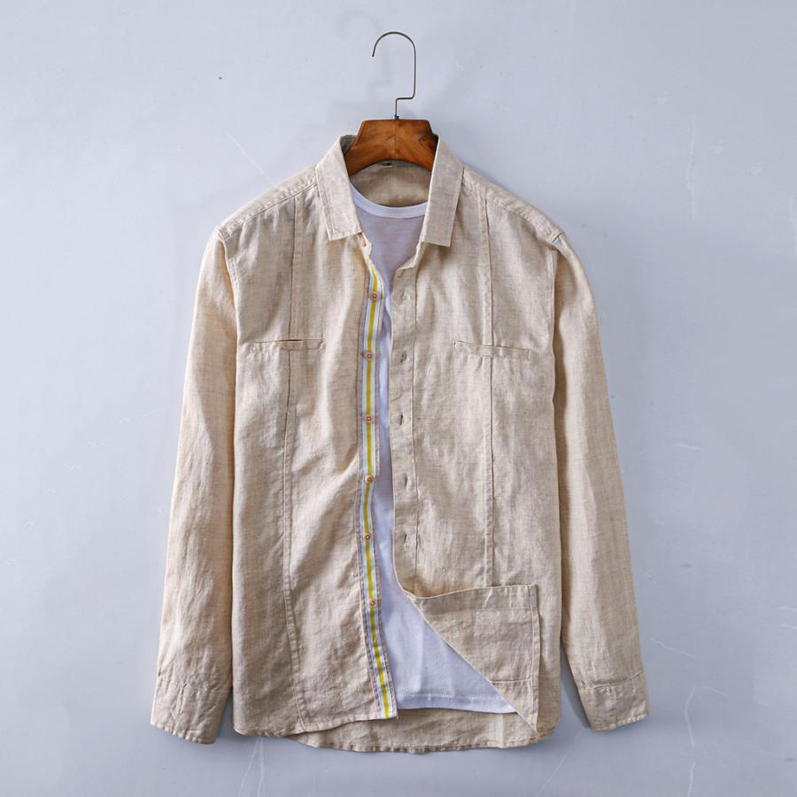 プレミアム春秋カジュアルリネンメンズ日本爽やかリネンシャツラペル長袖トップス  