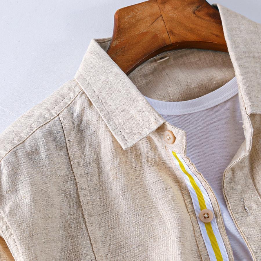 プレミアム春秋カジュアルリネンメンズ日本爽やかリネンシャツラペル長袖トップス  