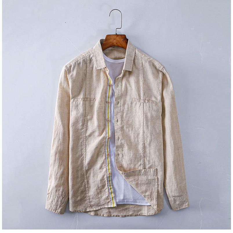 プレミアム春秋カジュアルリネンメンズ日本爽やかリネンシャツラペル長袖トップス  