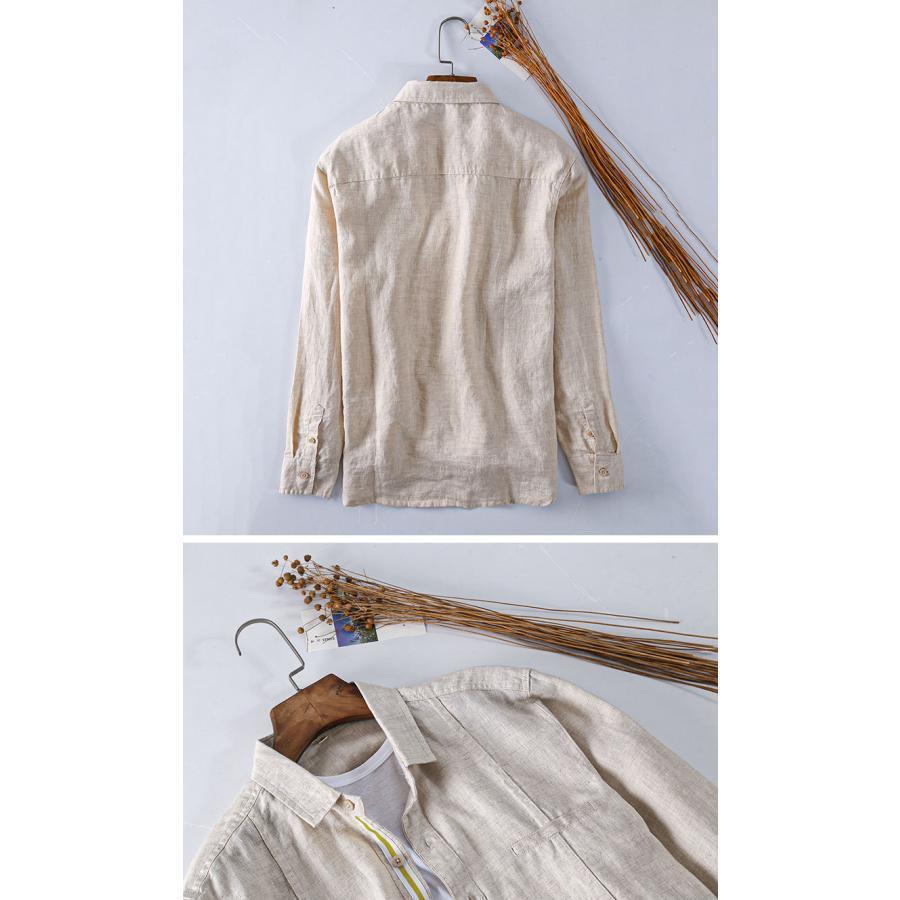 プレミアム春秋カジュアルリネンメンズ日本爽やかリネンシャツラペル長袖トップス  