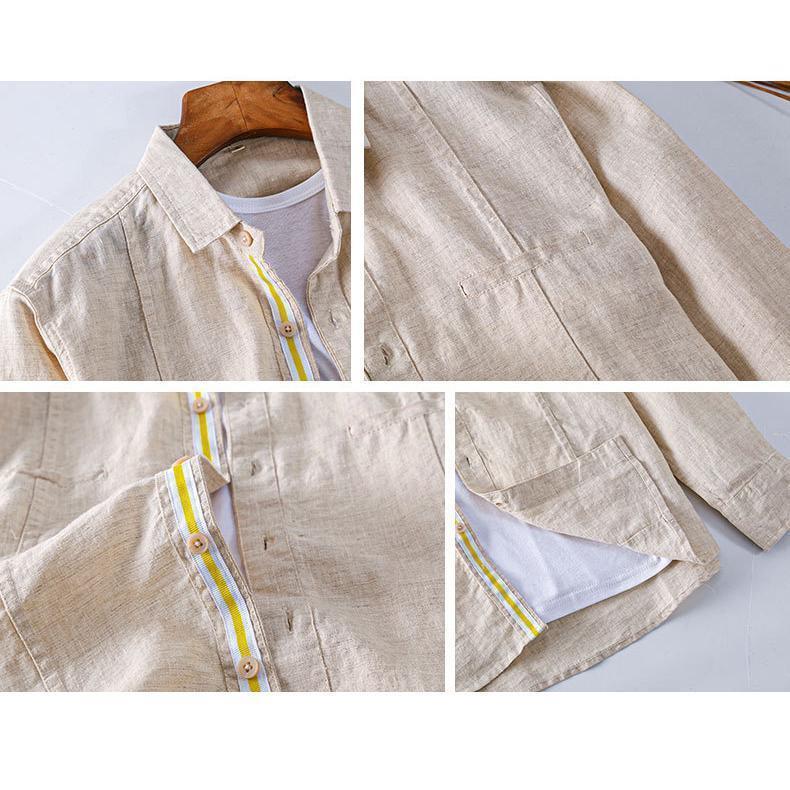 プレミアム春秋カジュアルリネンメンズ日本爽やかリネンシャツラペル長袖トップス  
