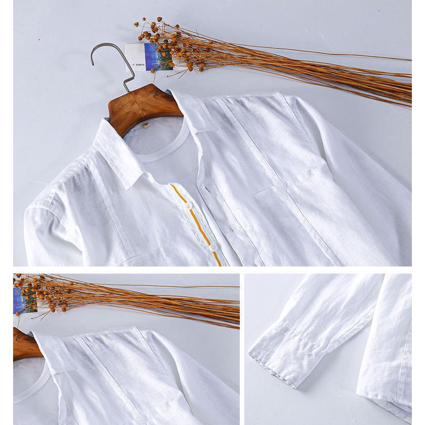 プレミアム春秋カジュアルリネンメンズ日本爽やかリネンシャツラペル長袖トップス  