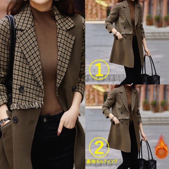 チェック柄 切替 ロング ジャケット レディース コート 通勤 お出かけ 60代 春秋冬 30代 女子会 旅行 きれいめ 50代 カジュアル 40代 アウター 