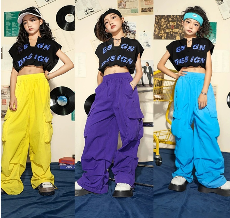 ダンス衣装 キッズ K-POP 韓国 ガールズ ヒップホップ 水色 ヘソ出しトップス ダンスウェア カーゴパンツ 子供ダンス服 紫 セットアップ 黒 黄色 