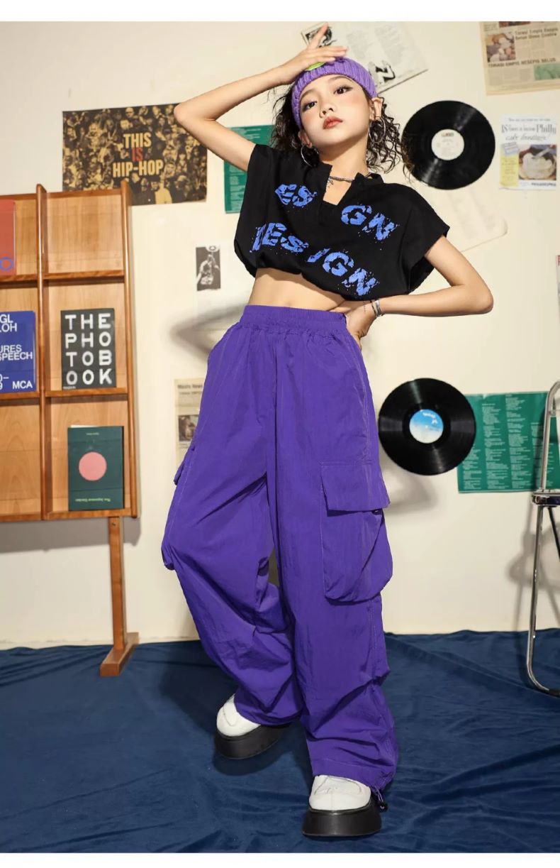ダンス衣装 キッズ K-POP 韓国 ガールズ ヒップホップ 水色 ヘソ出しトップス ダンスウェア カーゴパンツ 子供ダンス服 紫 セットアップ 黒 黄色 