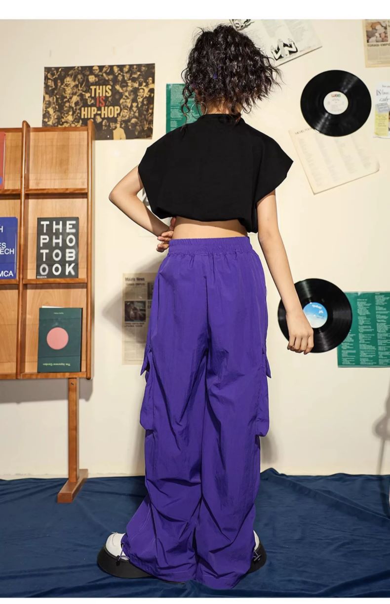 ダンス衣装 キッズ K-POP 韓国 ガールズ ヒップホップ 水色 ヘソ出しトップス ダンスウェア カーゴパンツ 子供ダンス服 紫 セットアップ 黒 黄色 