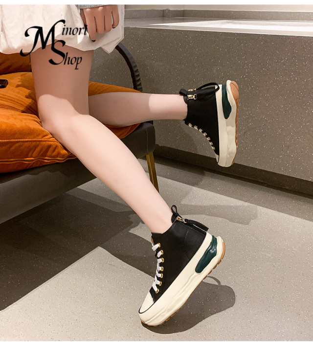 スニーカー レディース 厚底スニーカー インヒールスニーカー ぺたんこ靴 ウォーキングバックジッパー 軽量 レースア 