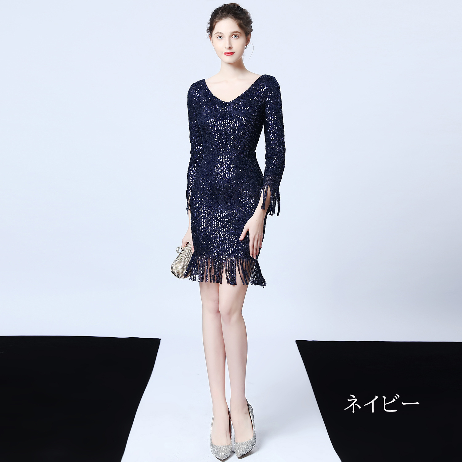 カラードレス 長袖 ミニドレス パーティードレス 結婚式 二次会 演奏会 ワンピース 発表会 ミディアムドレス スパンファスナー フォーマルドレス 演出 