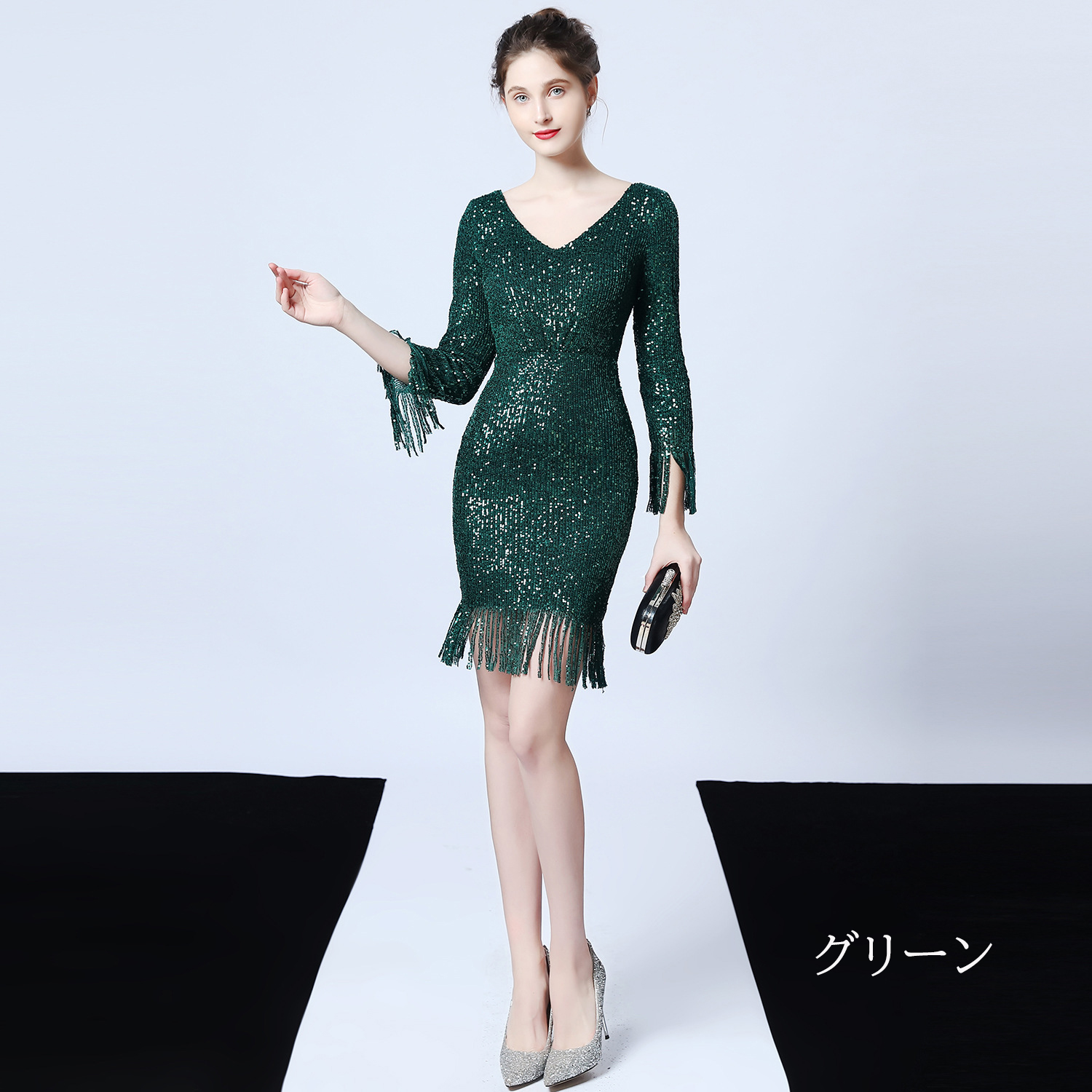 カラードレス 長袖 ミニドレス パーティードレス 結婚式 二次会 演奏会 ワンピース 発表会 ミディアムドレス スパンファスナー フォーマルドレス 演出 