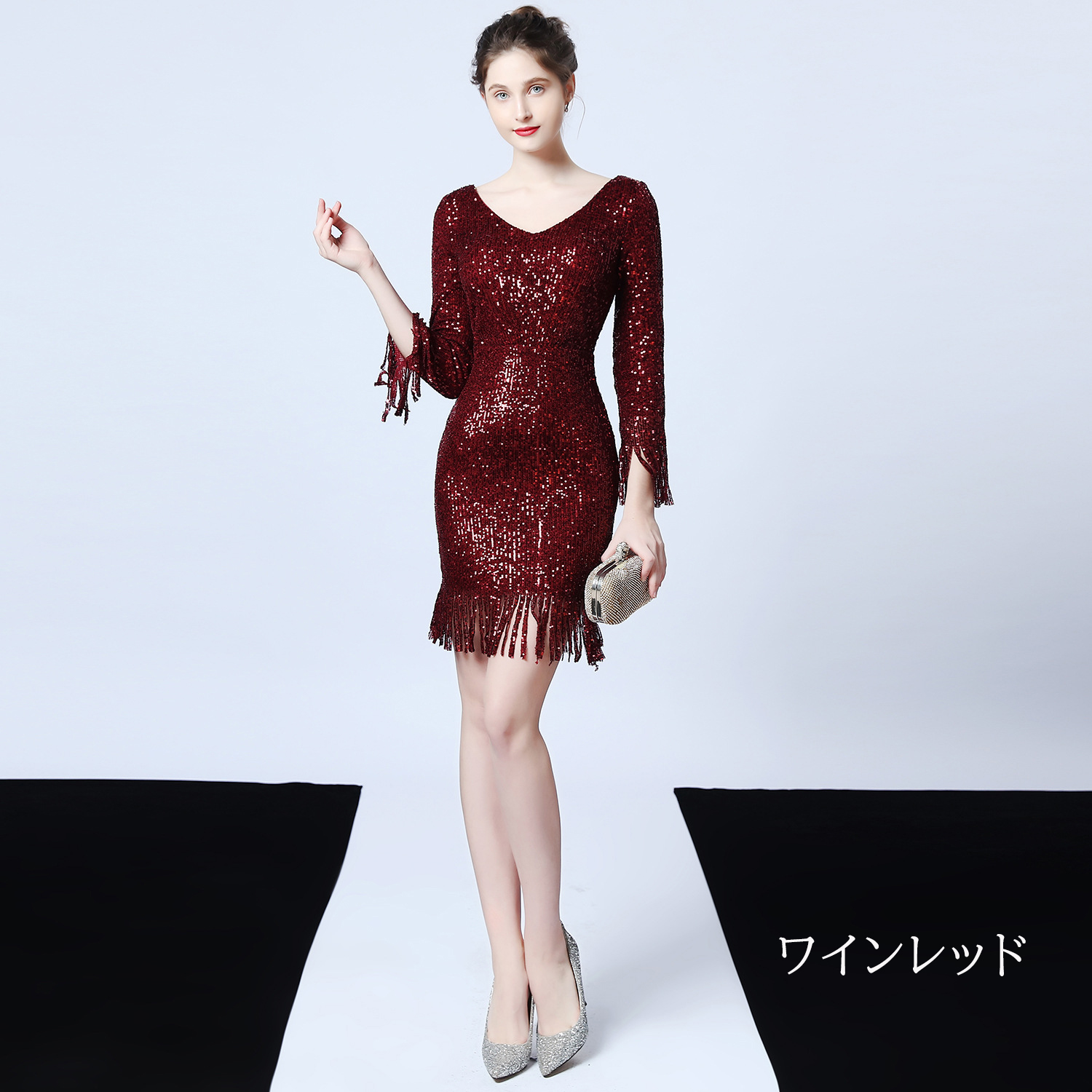 カラードレス 長袖 ミニドレス パーティードレス 結婚式 二次会 演奏会 ワンピース 発表会 ミディアムドレス スパンファスナー フォーマルドレス 演出 