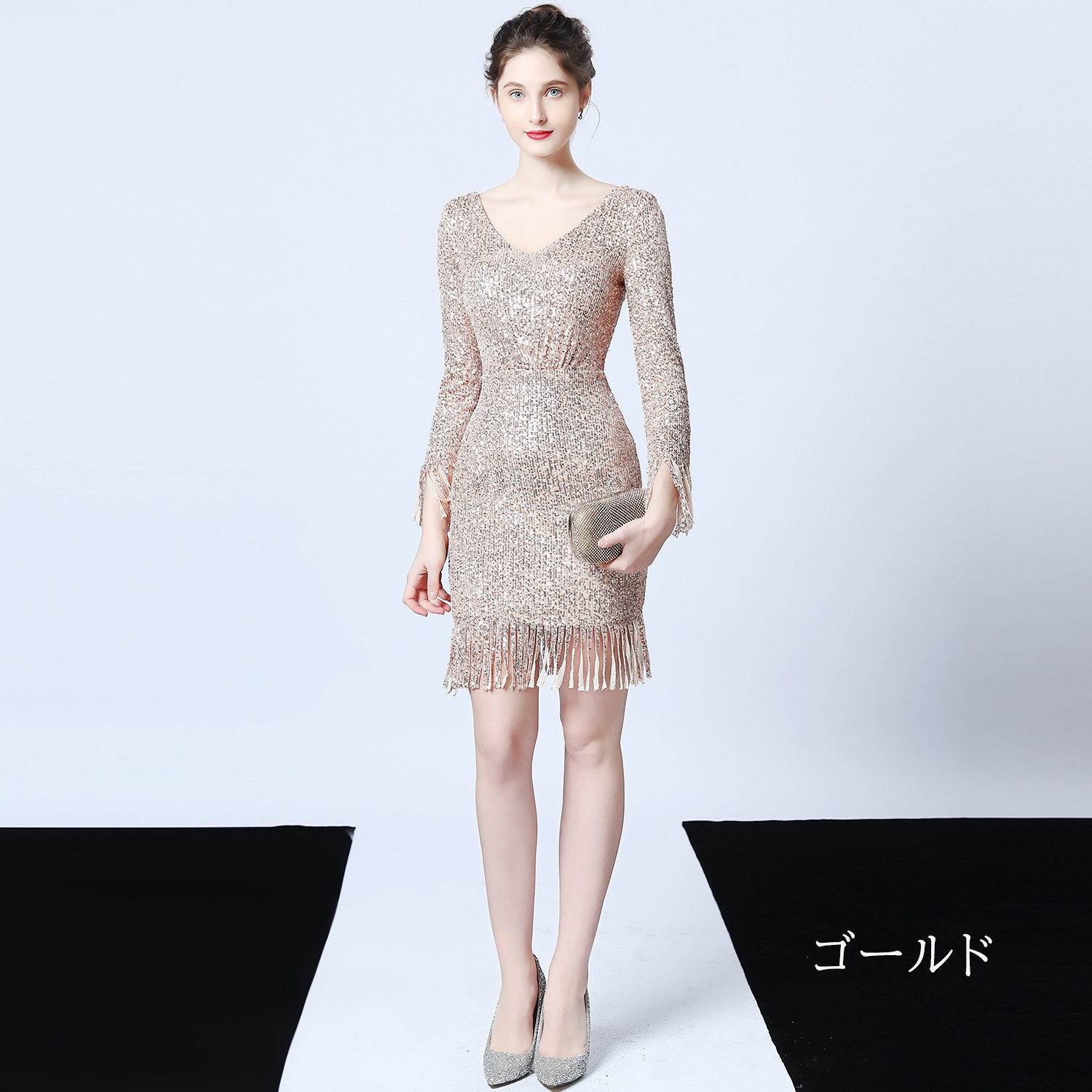 カラードレス 長袖 ミニドレス パーティードレス 結婚式 二次会 演奏会 ワンピース 発表会 ミディアムドレス スパンファスナー フォーマルドレス 演出 