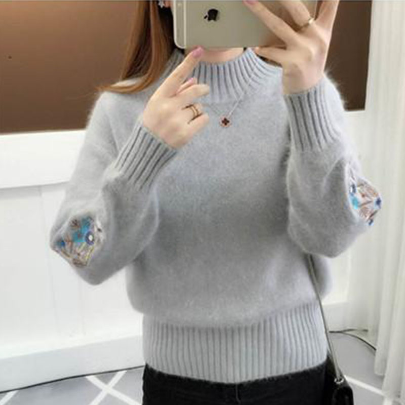 純色プルオーバーセーターレディーストップスゆったり刺繍ショート丈プルオーバーハーフハイネックニット 春と秋冬の 長袖 ラウンドネックボトムセーター女  