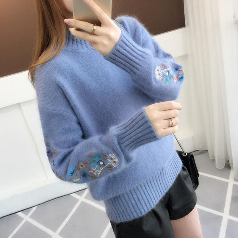 純色プルオーバーセーターレディーストップスゆったり刺繍ショート丈プルオーバーハーフハイネックニット 春と秋冬の 長袖 ラウンドネックボトムセーター女  