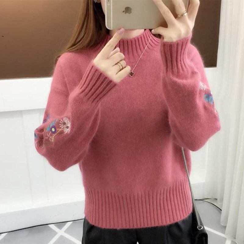 純色プルオーバーセーターレディーストップスゆったり刺繍ショート丈プルオーバーハーフハイネックニット 春と秋冬の 長袖 ラウンドネックボトムセーター女  