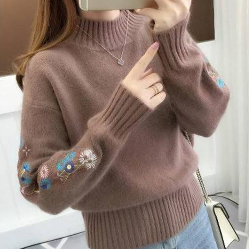 純色プルオーバーセーターレディーストップスゆったり刺繍ショート丈プルオーバーハーフハイネックニット 春と秋冬の 長袖 ラウンドネックボトムセーター女  