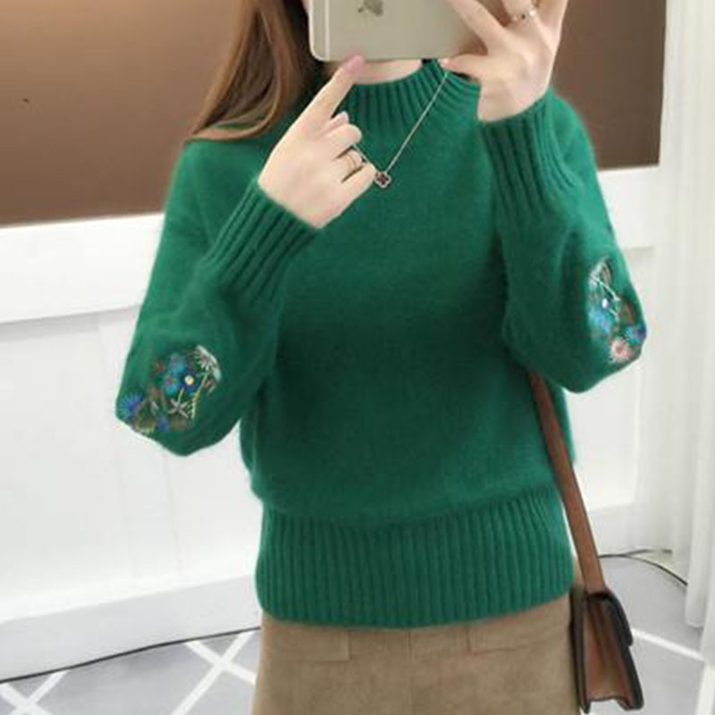 純色プルオーバーセーターレディーストップスゆったり刺繍ショート丈プルオーバーハーフハイネックニット 春と秋冬の 長袖 ラウンドネックボトムセーター女  