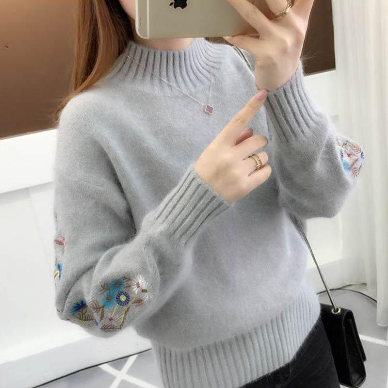 純色プルオーバーセーターレディーストップスゆったり刺繍ショート丈プルオーバーハーフハイネックニット 春と秋冬の 長袖 ラウンドネックボトムセーター女  