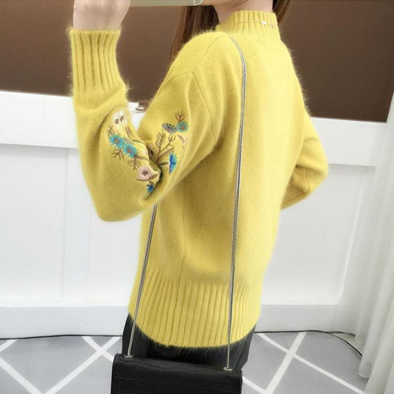 純色プルオーバーセーターレディーストップスゆったり刺繍ショート丈プルオーバーハーフハイネックニット 春と秋冬の 長袖 ラウンドネックボトムセーター女  