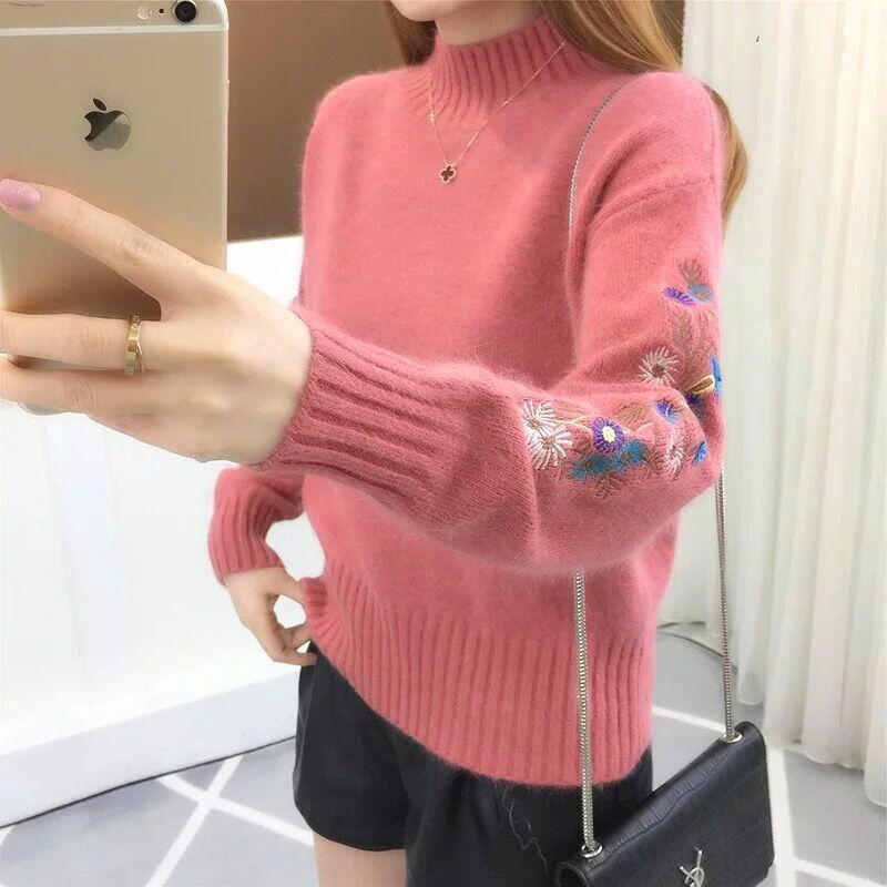 純色プルオーバーセーターレディーストップスゆったり刺繍ショート丈プルオーバーハーフハイネックニット 春と秋冬の 長袖 ラウンドネックボトムセーター女  