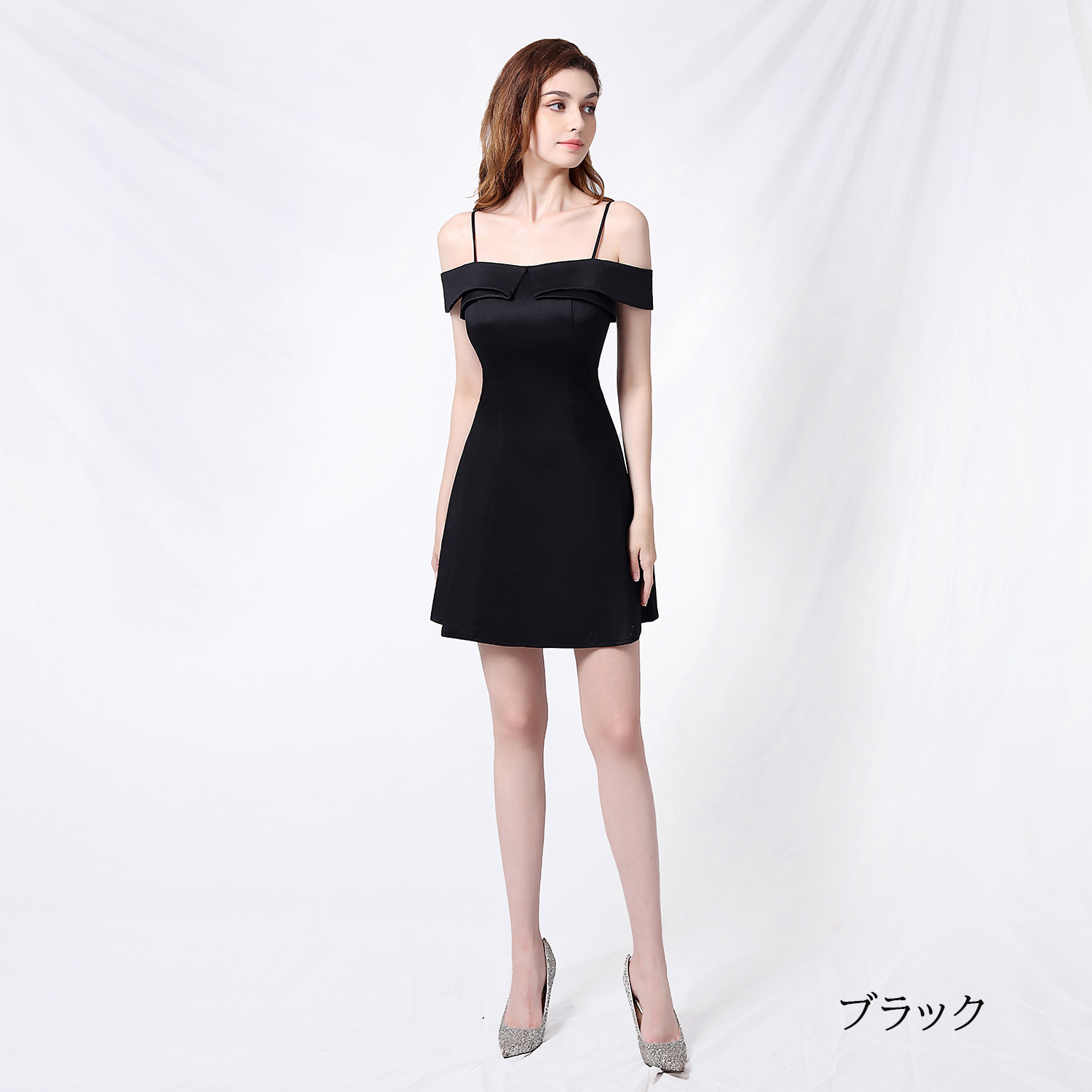 カラードレス ミニドレス パーティードレス 結婚式 二次会 発表会 サテン オフショルダー 演奏会 ミディアムドレス フォーマルドレス ワンピース ファスナー 