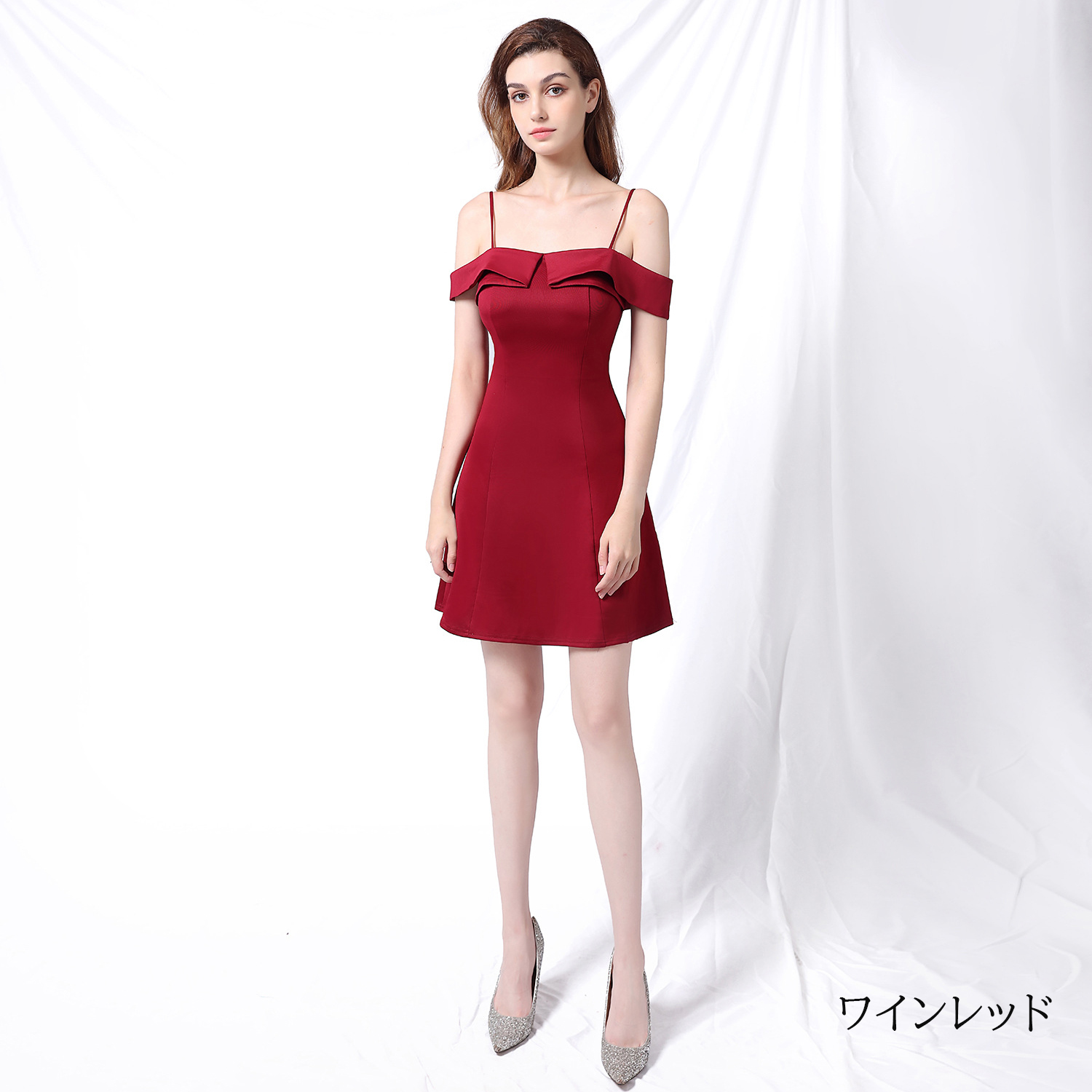 カラードレス ミニドレス パーティードレス 結婚式 二次会 発表会 サテン オフショルダー 演奏会 ミディアムドレス フォーマルドレス ワンピース ファスナー 