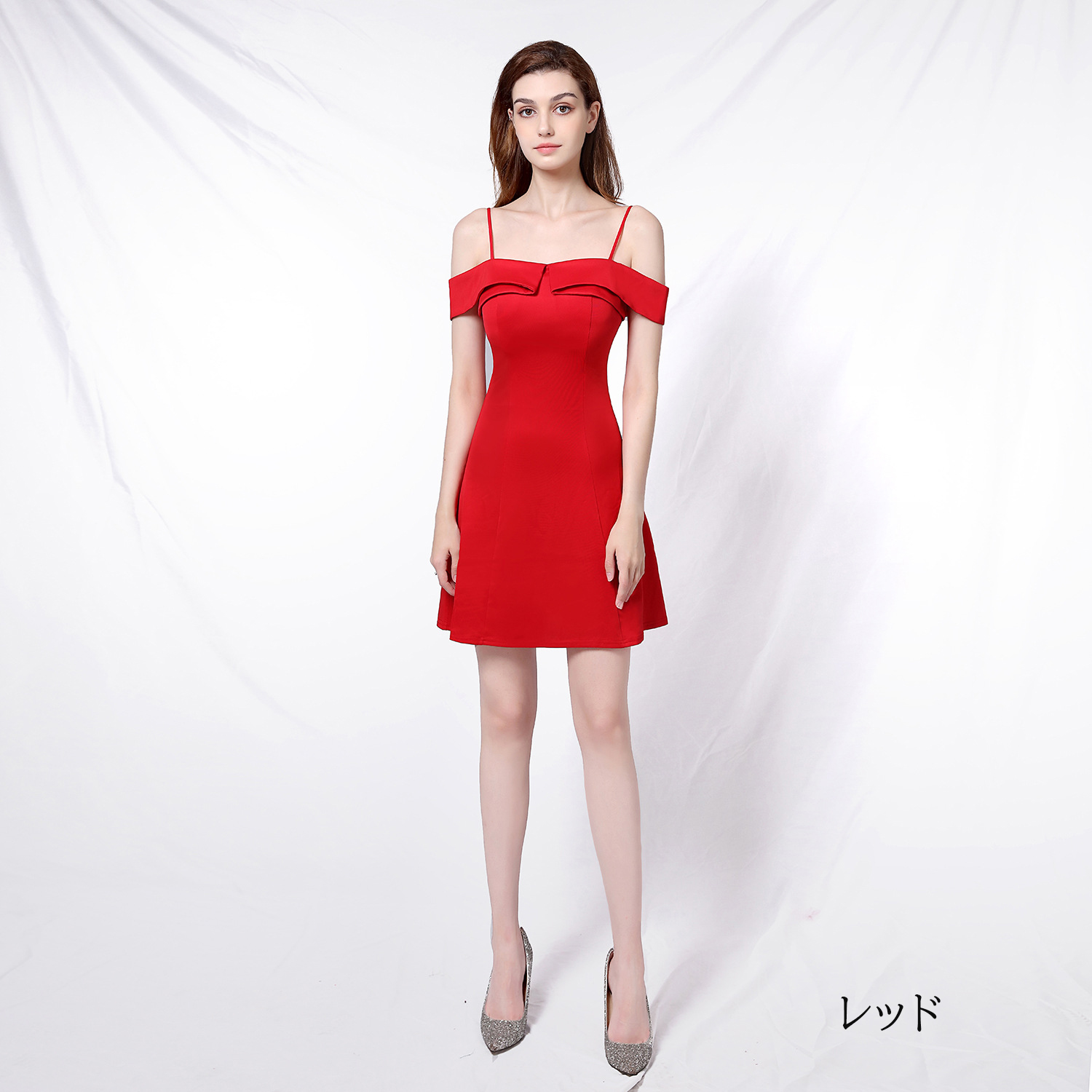 カラードレス ミニドレス パーティードレス 結婚式 二次会 発表会 サテン オフショルダー 演奏会 ミディアムドレス フォーマルドレス ワンピース ファスナー 