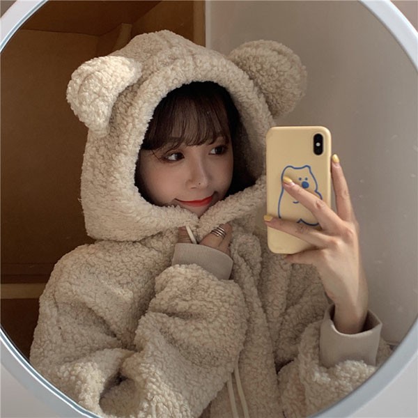 もこもこ クマ耳 熊耳 大きいサイズ クマみみ かわいい フード付き レディース ジャケット トップス 体型カバー ゆったり 