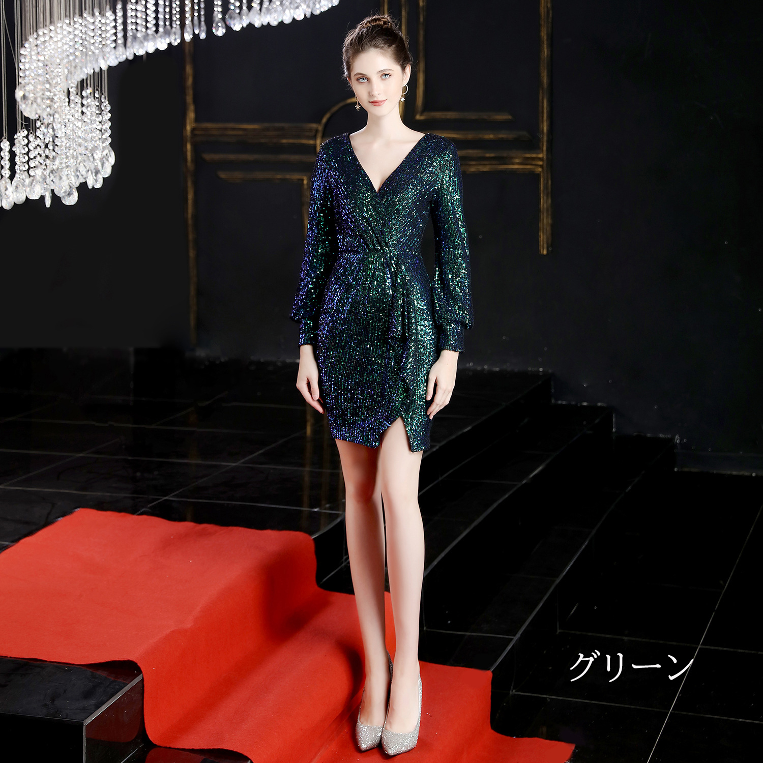 カラードレス ミニドレス パーティードレス 結婚式 二次会 発表会 ワンピース 長袖 演出 演奏会 ミディアムドレス スパンファスナー フォーマルドレス 