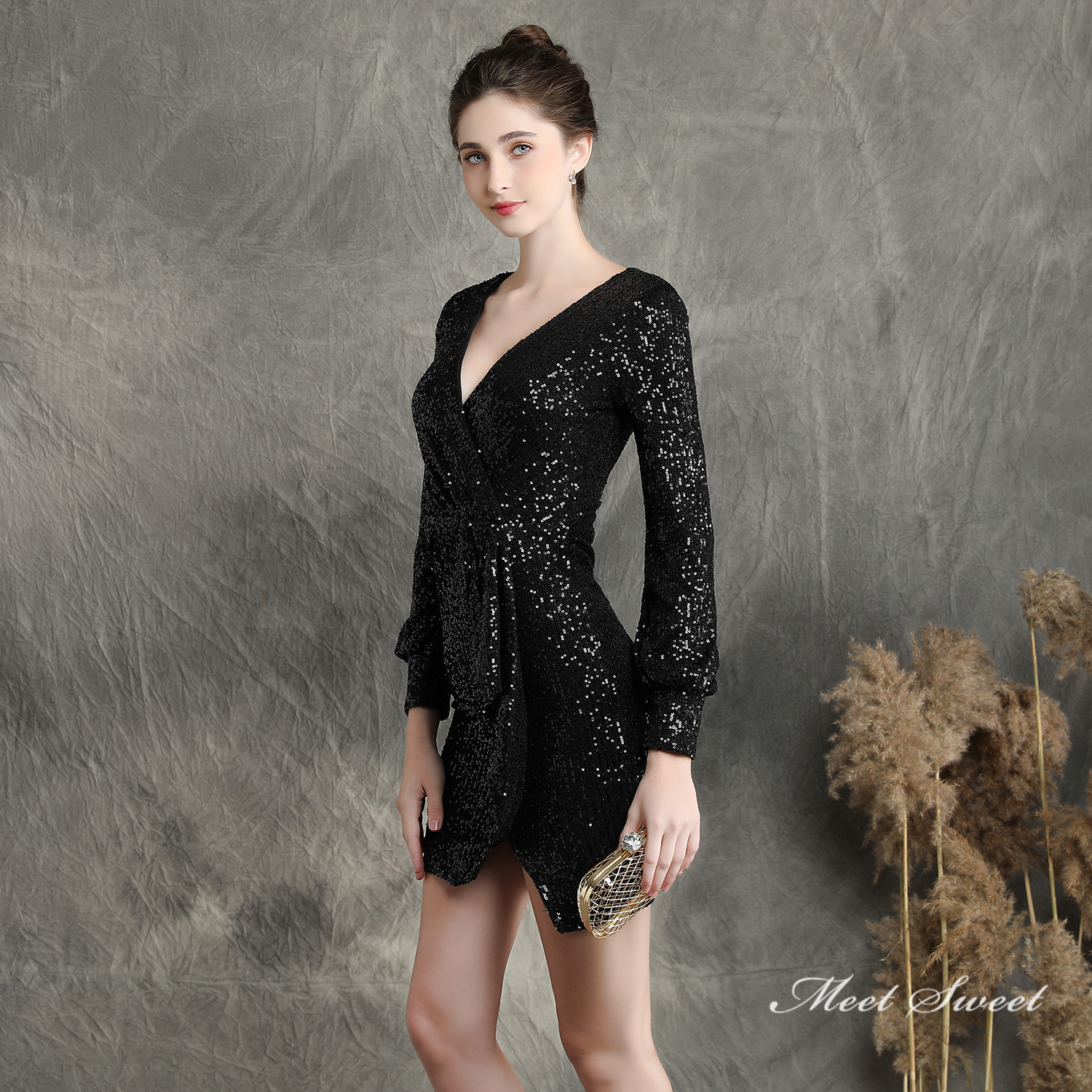 カラードレス ミニドレス パーティードレス 結婚式 二次会 発表会 ワンピース 長袖 演出 演奏会 ミディアムドレス スパンファスナー フォーマルドレス 