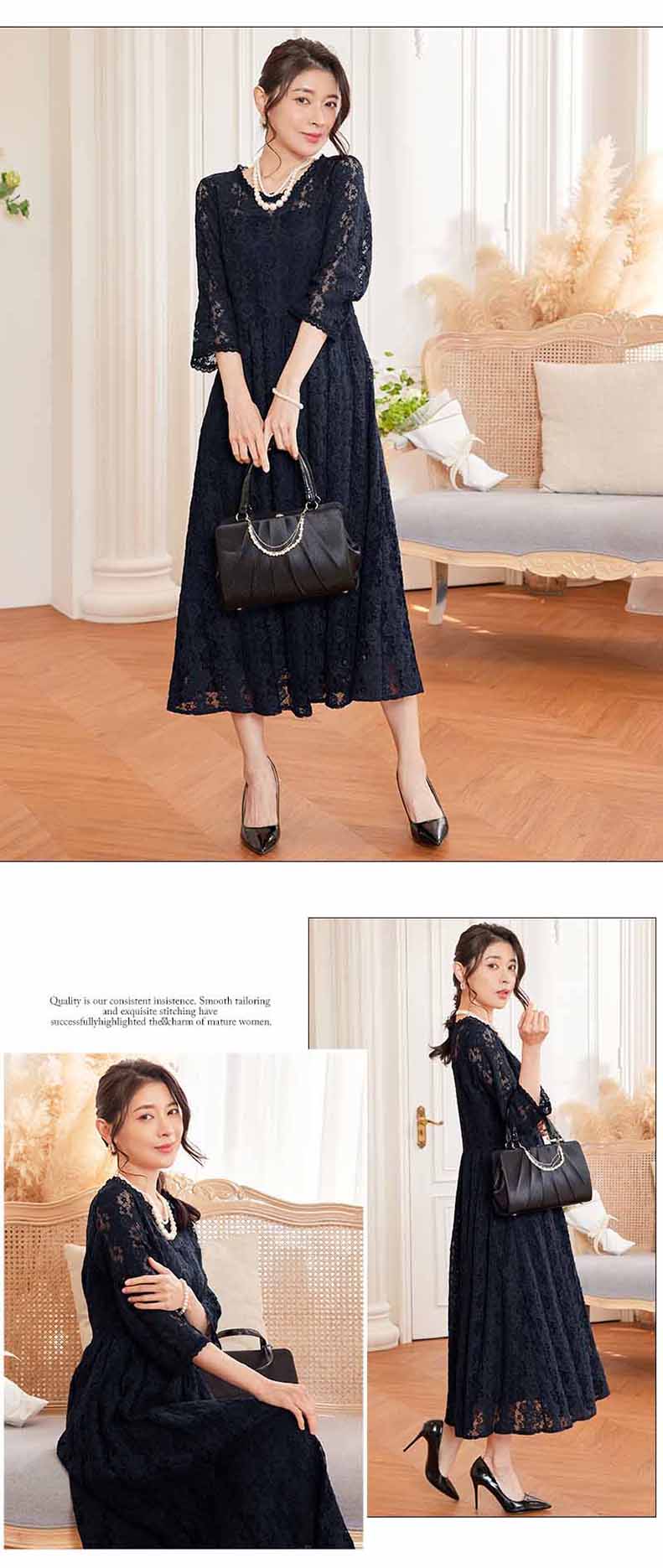 パーティードレス ロングワンピース総レース長袖ロング丈結婚式披露宴 二次会お呼ばれ黒ブラック ネイビーグリーン20代 30代 40代レディースフォーマル春夏秋冬 
