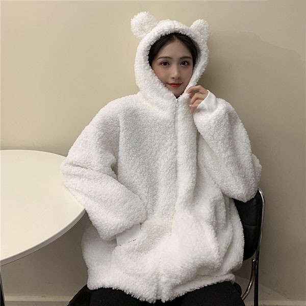もこもこ クマ耳 熊耳 大きいサイズ クマみみかわいい ジャケット 長袖ゆったり レディース 体型カバー カジュアル 