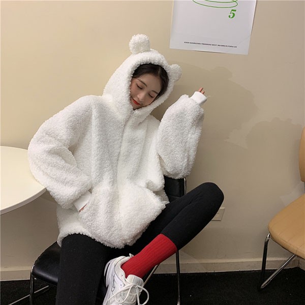 もこもこ クマ耳 熊耳 大きいサイズ クマみみかわいい ジャケット 長袖ゆったり レディース 体型カバー カジュアル 