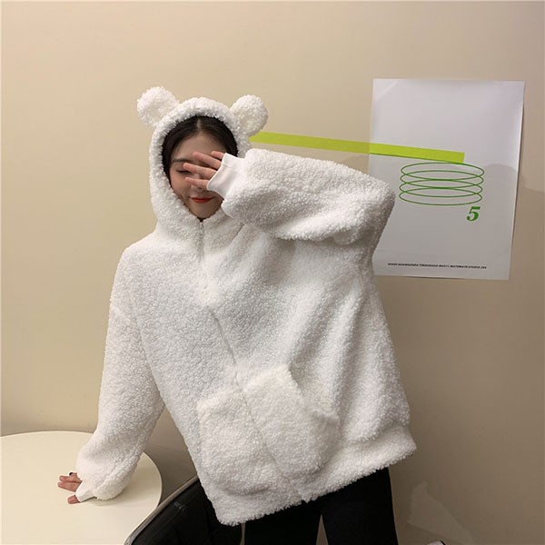 もこもこ クマ耳 熊耳 大きいサイズ クマみみかわいい ジャケット 長袖ゆったり レディース 体型カバー カジュアル 