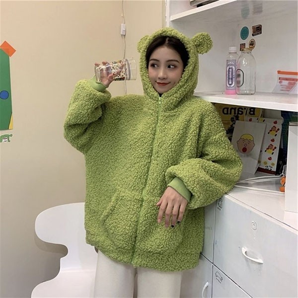 もこもこ クマ耳 熊耳 大きいサイズ クマみみかわいい ジャケット 長袖ゆったり レディース 体型カバー カジュアル 