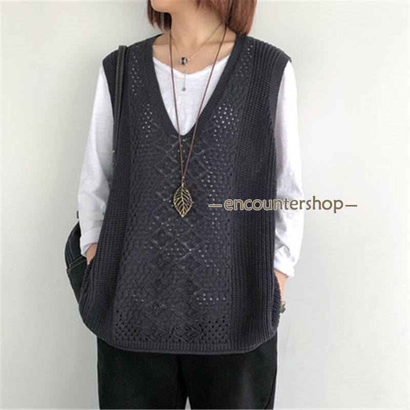 ニットベスト レディース チョッキ トップス Vネック ベスト 重ね着 おしゃれ カジュアル 薄手 ノースリーブ セーター 秋コーデ ゆったり 無地 