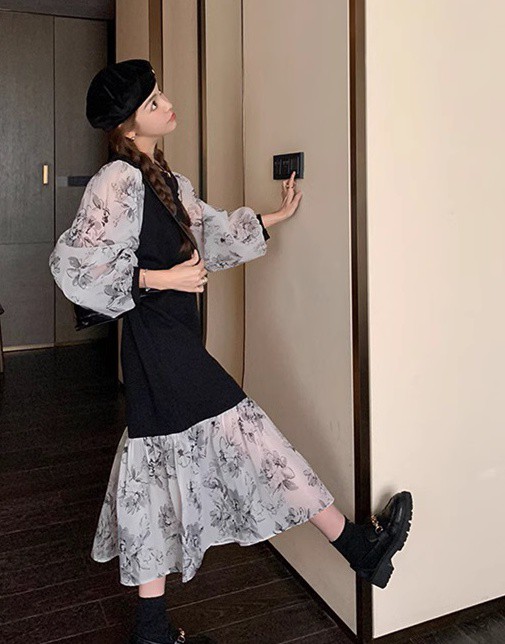 レイヤード風ワンピース レディース ワンピース 長袖 ロング 花柄 ファッション フ重ね着風ワンピース シアー袖 ベスト ニット 秋冬 韓国 大きいサイズ 