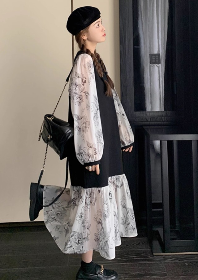 レイヤード風ワンピース レディース ワンピース 長袖 ロング 花柄 ファッション フ重ね着風ワンピース シアー袖 ベスト ニット 秋冬 韓国 大きいサイズ 