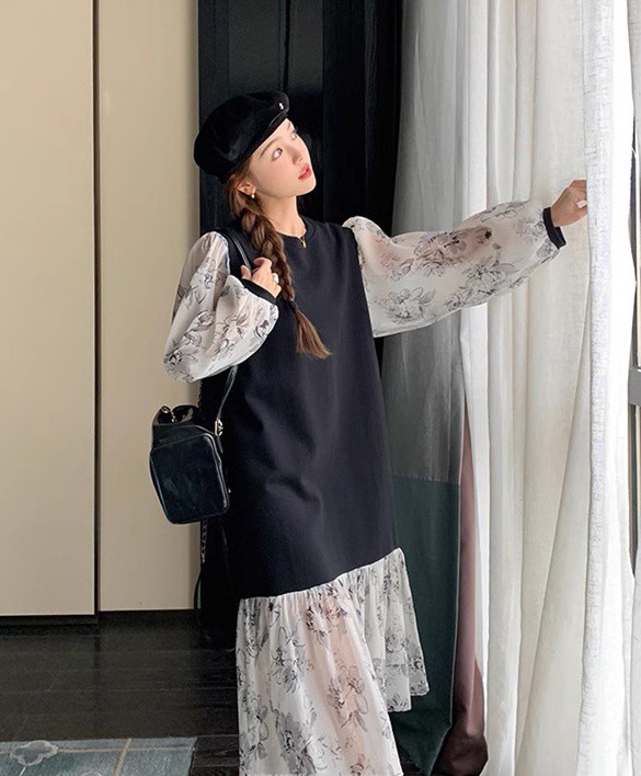 レイヤード風ワンピース レディース ワンピース 長袖 ロング 花柄 ファッション フ重ね着風ワンピース シアー袖 ベスト ニット 秋冬 韓国 大きいサイズ 