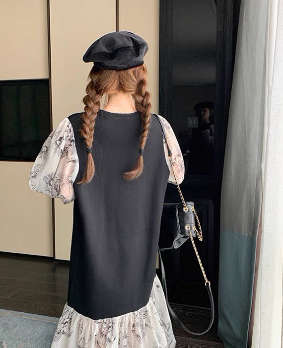 レイヤード風ワンピース レディース ワンピース 長袖 ロング 花柄 ファッション フ重ね着風ワンピース シアー袖 ベスト ニット 秋冬 韓国 大きいサイズ 