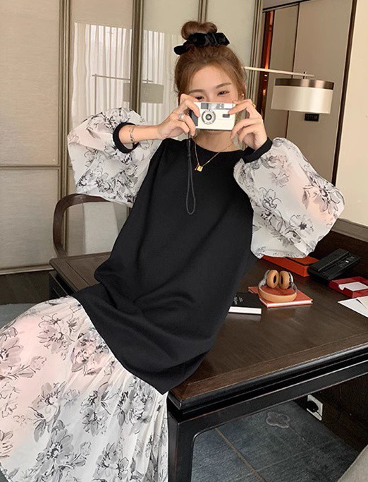レイヤード風ワンピース レディース ワンピース 長袖 ロング 花柄 ファッション フ重ね着風ワンピース シアー袖 ベスト ニット 秋冬 韓国 大きいサイズ 