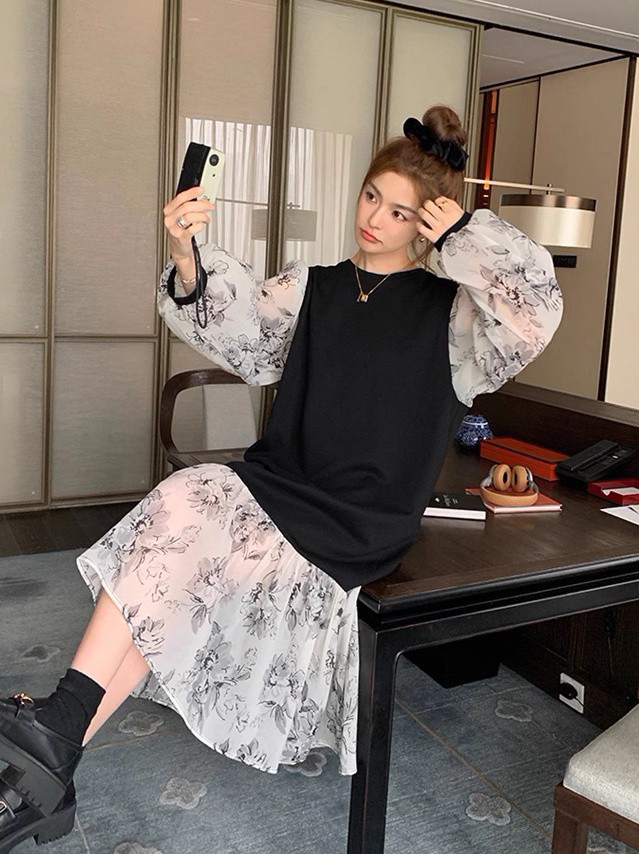レイヤード風ワンピース レディース ワンピース 長袖 ロング 花柄 ファッション フ重ね着風ワンピース シアー袖 ベスト ニット 秋冬 韓国 大きいサイズ 