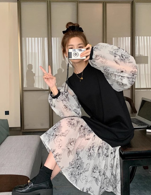 レイヤード風ワンピース レディース ワンピース 長袖 ロング 花柄 ファッション フ重ね着風ワンピース シアー袖 ベスト ニット 秋冬 韓国 大きいサイズ 