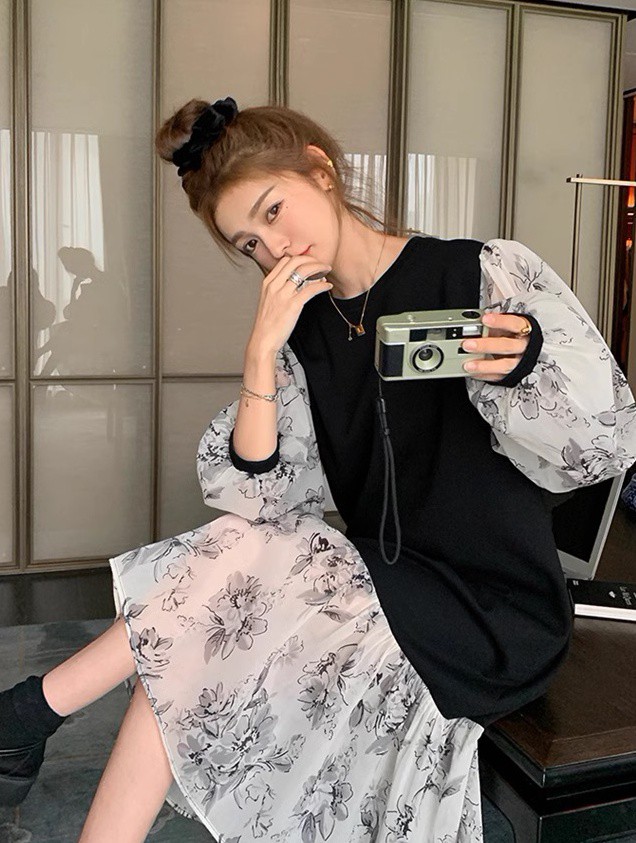レイヤード風ワンピース レディース ワンピース 長袖 ロング 花柄 ファッション フ重ね着風ワンピース シアー袖 ベスト ニット 秋冬 韓国 大きいサイズ 