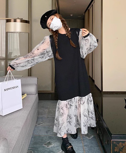 レイヤード風ワンピース レディース ワンピース 長袖 ロング 花柄 ファッション フ重ね着風ワンピース シアー袖 ベスト ニット 秋冬 韓国 大きいサイズ 