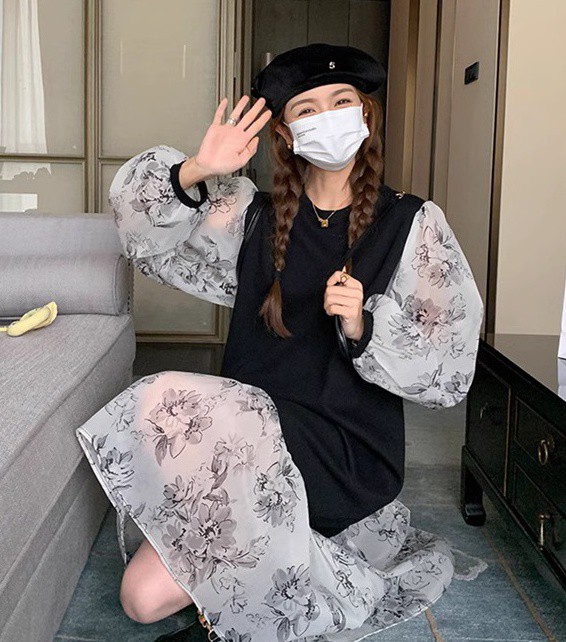 レイヤード風ワンピース レディース ワンピース 長袖 ロング 花柄 ファッション フ重ね着風ワンピース シアー袖 ベスト ニット 秋冬 韓国 大きいサイズ 