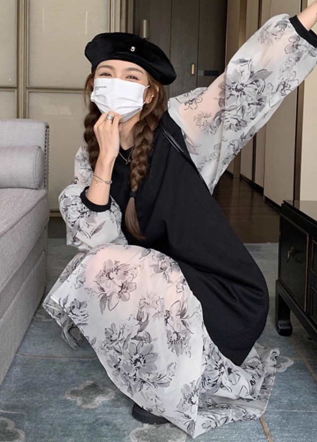 レイヤード風ワンピース レディース ワンピース 長袖 ロング 花柄 ファッション フ重ね着風ワンピース シアー袖 ベスト ニット 秋冬 韓国 大きいサイズ 