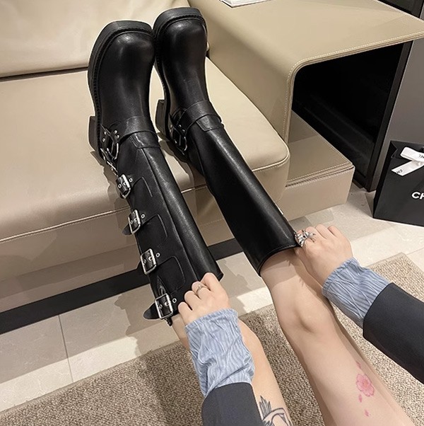 ロングブーツ レディース 黒 防水 レインブーツ ベルト 美脚 秋冬 秋冬 膝丈 雪 雨天兼用 太ヒール 雨 靴 脚長 5.5CMヒール 