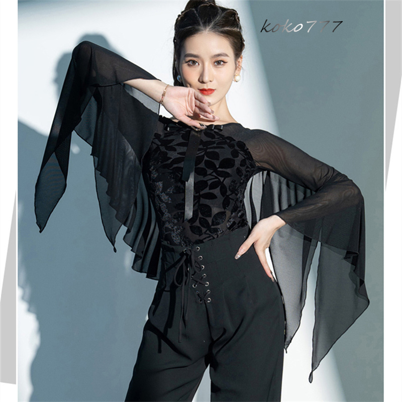 Tシャツ レディース レオタード 上衣 リボン ラテンダンス ウェア フレア袖 ロンパース 公演 発表会 練習着 女子服 モダンダンス 部活 舞台衣装 学園祭 柄物 