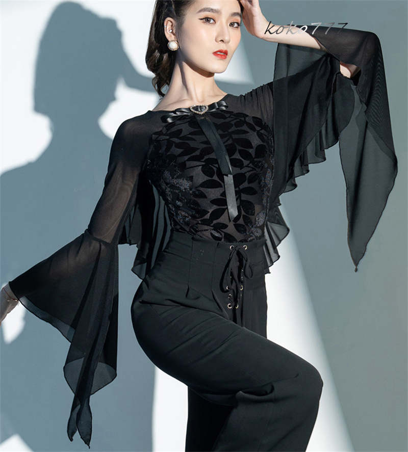 Tシャツ レディース レオタード 上衣 リボン ラテンダンス ウェア フレア袖 ロンパース 公演 発表会 練習着 女子服 モダンダンス 部活 舞台衣装 学園祭 柄物 